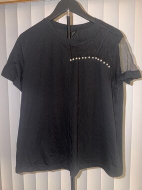 SHEIN Black Short Sleeve Tee with Pearl Accent